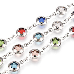 Платина Латунный плоский круглый браслет ручной работы со звездообразными звеньями, со стеклом, пайки, с катушкой, платина, 13x7x3 мм, около 16.40 футов (5 м) / рулон