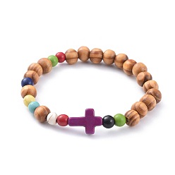 Фиолетовый Стрейч браслеты, с деревянными бусинами и синтетическими бирюзовыми(крашеными) бусинами, крестик, фиолетовые, 2-1/8 дюйм (5.5 см)