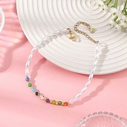 Golden Round Handmade Millefiori Glass and Rice Imitation Pearl Acrylic Beaded Anklets for Women, Colorful, Golden, 8-5/8 inch(220mm)