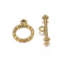 Antique Golden Tibetan Style Toggle Clasps, Cadmium Free & Nickel Free & Lead Free, Antique Golden, Ring: 13mm wide, 16.5mm long, Bar: 6mm wide, 20mm long, hole: 2mm