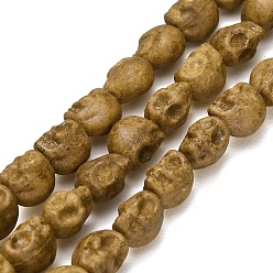 Dark Goldenrod Vintage Handmade Porcelain Beads Strands, Skull, Fancy Antique Glazed Porcelain, Dark Goldenrod, 7.5x6.5x7mm, Hole: 1mm, about 50pcs/strand, 15.20''(38.6cm)