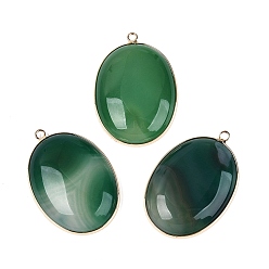 Sea Green Dyed Natural Agate Pendants, Brass Oval Bezeled Charms, Golden, Sea Green, 43~45x30~31x6.5~8.5mm, Hole: 2mm