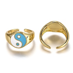 Himmelblau Manschettenringe aus Messingemail, offene Ringe, langlebig überzogen, flach rund mit Klatsch / Yin Yang, echt 18 k vergoldet, Himmelblau, uns Größe 6, Innendurchmesser: 17 mm