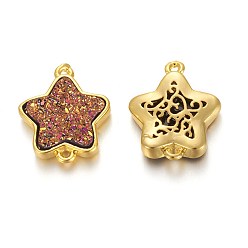 Old Rose Brass Links connectors, with Druzy Resin, Golden Plated Color, Star, Old Rose, 17.5x15x3.7mm, Hole: 1mm