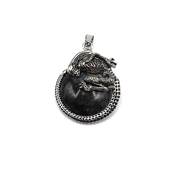 Larvikite Natural Larvikite Pendants, with Antique Silver Alloy Finding, Flat Round with Skull Charms, 40x35mm