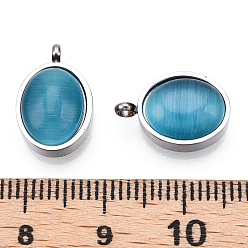 Stainless Steel Color 304 Stainless Steel Pendants, Manual Polishing, with Cat Eye, Oval Charm, Stainless Steel Color, 14.5x10x5.5mm, Hole: 1.8mm