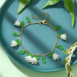 Белый Латунные звенья цепи браслеты с подвесками, браслеты с подвесками в виде цветка из акрила для женщин, с АБС-пластиком и стеклянными бусинами, белые, 7-3/8 дюйм (18.6 см)