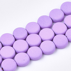 Violet Spray Painted Non-magnetic Synthetic Hematite Beads Strands, Flat Round, Violet, 8x3mm, Hole: 1mm, about 48pcs/strand, 15.7 inch