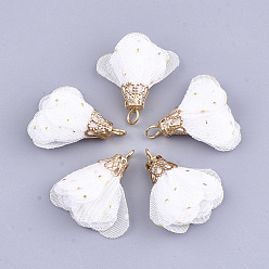 Weiß Eisen Anhänger & Charms, mit Chiffon, Blume, golden, weiß, 23~28x20~30 mm, Bohrung: 1~3 mm