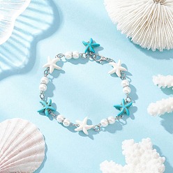 Бирюза Браслеты из синтетической бирюзы в виде морских звезд для женщин, со стеклянной жемчуг, бирюзовые, 7-7/8 дюйм (20 см)