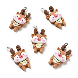 Sandy Brown Christmas Opaque Resin Pendants, with Platinum Tone Iron Loops, Reindeer/Stag Charm, Sandy Brown, 30.5x16x7mm, Hole: 2x2.4mm