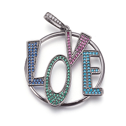 Gunmetal Brass Micro Pave Cubic Zirconia Pendants, Flat Round with Word Love, Colorful, Gunmetal, 39x35x2mm, Hole: 8x3mm