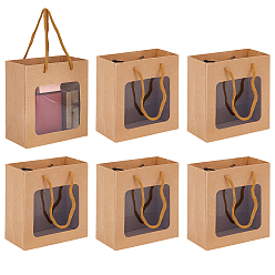 Цвет Древесины Портативные подарочные пакеты из крафт-бумаги, с окном из ПВХ и ручками из полиэстера, для букета, прямоугольные, деревесиные, 14.9x14x0.4 см, развернуть: 14.9x14x7.1 см, 6 шт