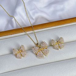 Золотой Комплект из колье с подвеской и серег-гвоздиков из латуни с микропаве из прозрачных кубических цирконий, с пластиковой имитацией жемчуга, золотые, 450 мм