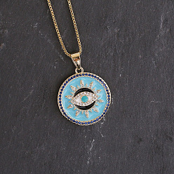 Темно-Голубой Латунные эмалевые плоские круглые подвески с дурным глазом для женщин, с синим и прозрачным кубическим цирконием, реальный 18 k позолоченный, глубокое синее небо, 15.75 дюйм (40 см)
