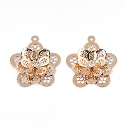 Light Gold Brass Pendants, with Crystal Rhinestone, Flower, Light Gold, 27x25x4mm, Hole: 1.5mm