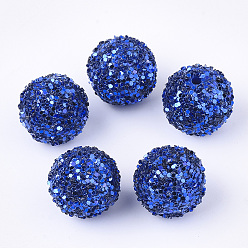 Medium Blue Acrylic Beads, Glitter Beads,with Sequins/Paillette, Round, Medium Blue, 19.5~20x19mm, Hole: 2.5mm
