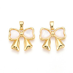 Настоящее золото 18K Подвески из латуни из натуральных ракушек, бантом прелести, реальный 18 k позолоченный, 16x17x3 мм, отверстие : 4.5x2.5 мм