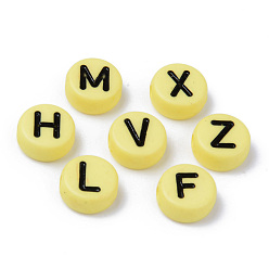 Yellow Opaque Acrylic Beads, Horizontal Hole, Flat Round with Black Random Letters, Yellow, 10x4.5mm, Hole: 2mm, about 1600pcs/500g