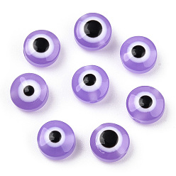 Medium Purple Resin Beads, Flat Round, Evil Eye, Medium Purple, 7.5~8x5~6mm, Hole: 1.8~2mm