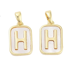 Real 18K Gold Plated Brass Pave Natural Shell Rectangle Pendants, Letter H Charms, Real 18K Gold Plated, 16x10.5x2mm, Hole: 4.5x2mm