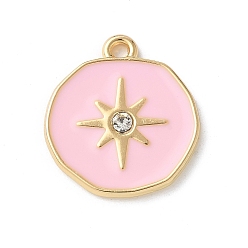 Pink Подвески из эмали и сплава, со стразами, золотые, плоский круглый с шармом в виде звезды, розовые, 23x21x1.5 мм, отверстие : 1.6 мм