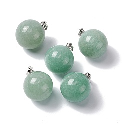 Aventurina Verde Colgantes naturales aventurina verde, con fornituras de latón de tono platino, encanto redondo, 22x18 mm, agujero: 3x6 mm