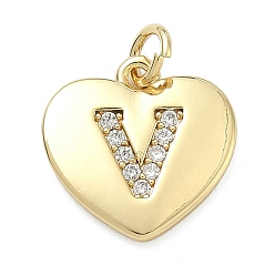 Letter V Латунные микропаве прозрачные подвески с фианитом, сердце прелести, без кадмия и без свинца, стойки покрытие, долговечный, реальный 18 k позолоченный, Буква V, 15x15x2 мм, отверстие : 3 мм