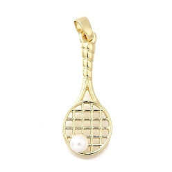 Настоящее золото 18K Подвески из искусственного жемчуга из латуни и АБС, ракетка, реальный 18 k позолоченный, 28x11x10 мм, отверстие : 5x2.5 мм
