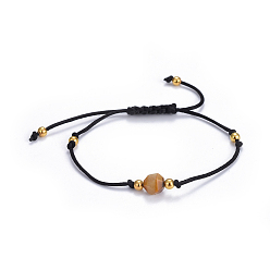 Black Adjustable Nylon Cord Braided Bead Bracelets, with Brass and Natural Tiger Eye Beads, Black, 1-5/8 inch~3 inch(4~7.5cm)