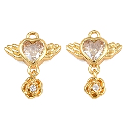 Clear Brass Micro Pave Cubic Zirconia Pendants, Heart with Wing & Flower Charms, Real 18K Gold Plated, Clear, 16x13x3.5mm, Hole: 1.4mm