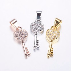 (52) Непрозрачная лаванда Долговечные латунные микропроволочные кубические циркониевые подвески, Сердце ключевых, разноцветные, 18x7x2.5 мм, отверстие : 3.5 мм