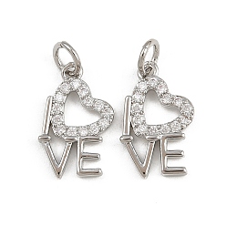 Платина Латунные микро проложить кубического циркония подвески, сердце со словом любовь прелести, с целью перехода в кольце, стойки покрытие, долговечный, без свинца и без кадмия, платина, 15x10x1.5 мм, отверстие : 3.5 мм