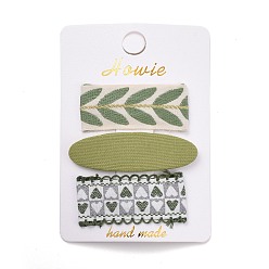 Dark Sea Green Cloth Snap Hair Clips Set, with Platinum Iron Snap Clips, Rectangle & Oval, with Heart & Leaf Pattern, Dark Sea Green, 59~70x21~24x2~5.5mm, 3pcs/set