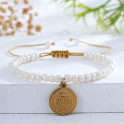 Плоский Круглый Религиозные 304 браслеты из нержавеющей стали с подвесками, Регулируемые пластиковые браслеты из жемчужных бусин, плетеные из бусин, для женщин, золотые, плоские круглые с святым Бенедиктом, 8.19 дюйм (20.8 см)