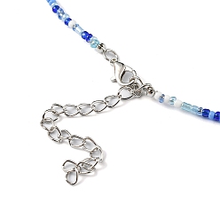 Blue Alloy Enamel Heart Charm Necklace, Glass Seed Beaded Necklace for Women, Blue, 17.13 inch(43.5cm)