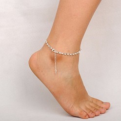 Crystal Silver Color Plated Brass Rhinestone Cup Chain Ankle, with Brass Lobster Claw Clasps and Brass End Piece, Crystal, 220mm