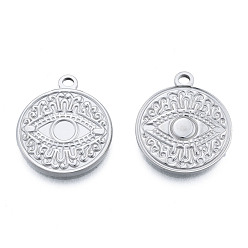 Stainless Steel Color Non-Tarnish 201 Stainless Steel Pendants, Flat Round with Eye, Stainless Steel Color, 24x20.5x2mm, Hole: 2mm