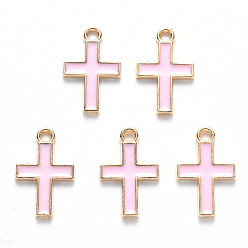 Pearl Pink Alloy Enamel Pendants, Cross, Light Gold, Pearl Pink, 16x10x1mm, Hole: 1.6mm