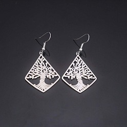 Stainless Steel Color 304 Stainless Steel Dangle Earrings, Rhombus with Tree, Stainless Steel Color, 56x27mm