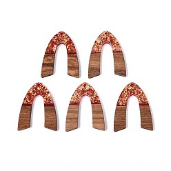 Темно-Красный Подвески из непрозрачной смолы и орехового дерева, арочные прелести, с блестящей пудрой и золотой фольгой, темно-красный, 38x28.5x3 мм, отверстие : 2 мм