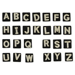 Обсидиан Природные подвески обсидиана, прямоугольные подвески с латунным микропаве прозрачного кубического циркония буква a~z, реальный 18 k позолоченный, долговечный, стойки покрытие, 21x18x5 мм, отверстие : 1.4 мм