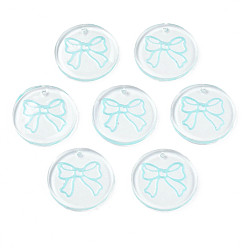 Бледно-бирюзовый Прозрачные смоляные подвески, с блеском порошок, плоские круглые с бантом, бледные бирюзовая, 24.5x2.5~3 мм, отверстие : 1.4 мм