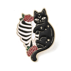 Черный Эмалированные булавки на Хэллоуин, булавки для лацканов из сплава для одежды рюкзака, кот со скелетом и розой, чёрные, 31x23 мм