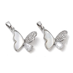 Платина Латунные микропаве прозрачные подвески с фианитом, без кадмия, без никеля и без свинца, с оболочкой, бабочка, платина, 15x17.5x4.5 мм, отверстие : 4.5 мм