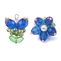 Синий Прозрачные стеклянные подвески, цветочный шарм, со стеклянными жемчужными бусинами и 304 петлями из нержавеющей стали, синие, 29.5x23x22 мм, отверстие : 4x2.5 мм