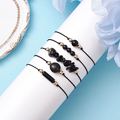 Обсидиан 5шт 5 стили натуральный обсидиан плетеные браслеты из бусин, с нейлоновым шнуром, внутренний диаметр: 3-1/4 дюйм (8.4 см)