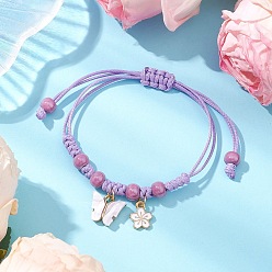 Лиловый Регулируемые браслеты из нейлонового шнура с плетеными бусинами для женщин, бабочки и цветы, с фарфоровыми и эмалевыми подвесками, сирень, внутренний диаметр: 3-3/8 дюйм (8.7 см)