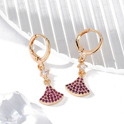 Золотой Латунные микропроволочные кубические серьги с цирконием, стойки покрытие, долговечный, без свинца и без кадмия, вентилятор, золотые, 30x10.5 мм