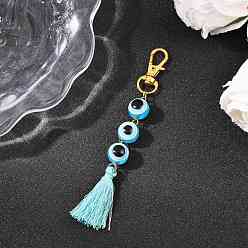 Голубой Подвеска с кисточками из полиэстера и круглыми бусинами от сглаза из смолы, с поворотными застежками, золотые, голубой, 116 мм